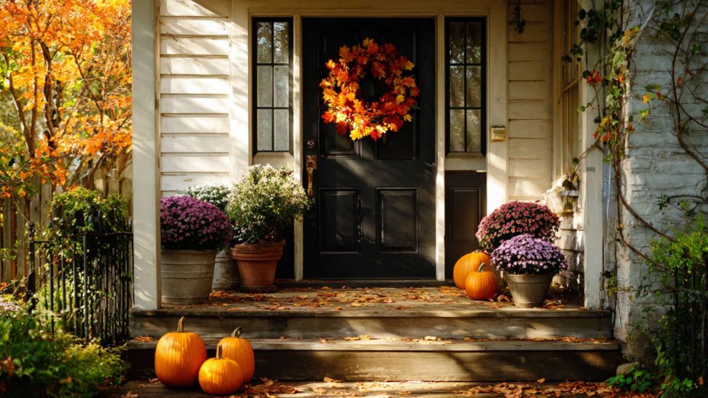 A welcoming front porch decorated for autumn features a black door with an orange maple leaf wreath, surrounded by pumpkins and potted mums on wooden steps scattered with fallen leaves.