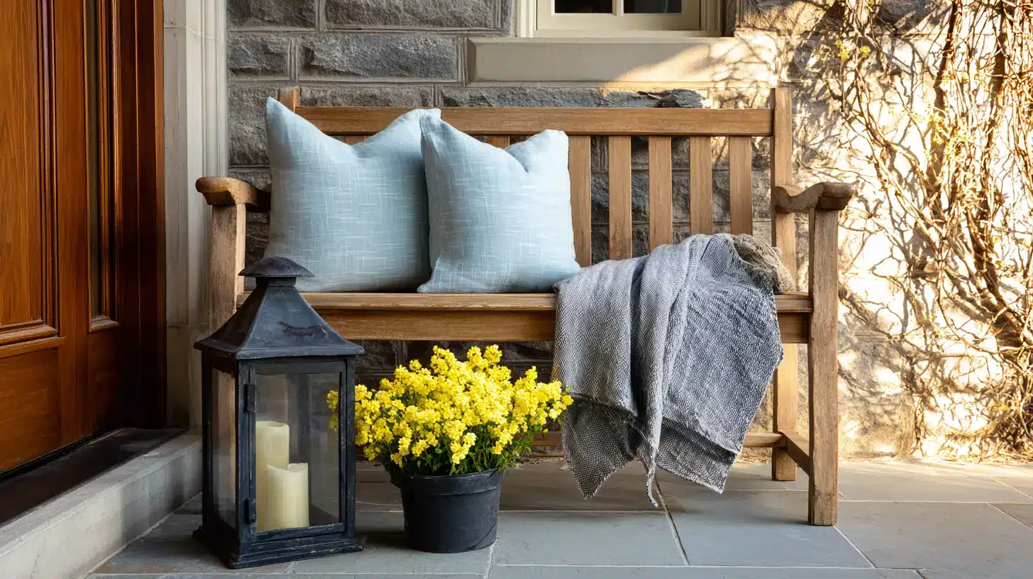 A welcoming outdoor porch setting features a wooden bench with light blue pillows and a draped gray throw, positioned next to a black lantern and a pot of bright yellow flowers against a stone wall.
