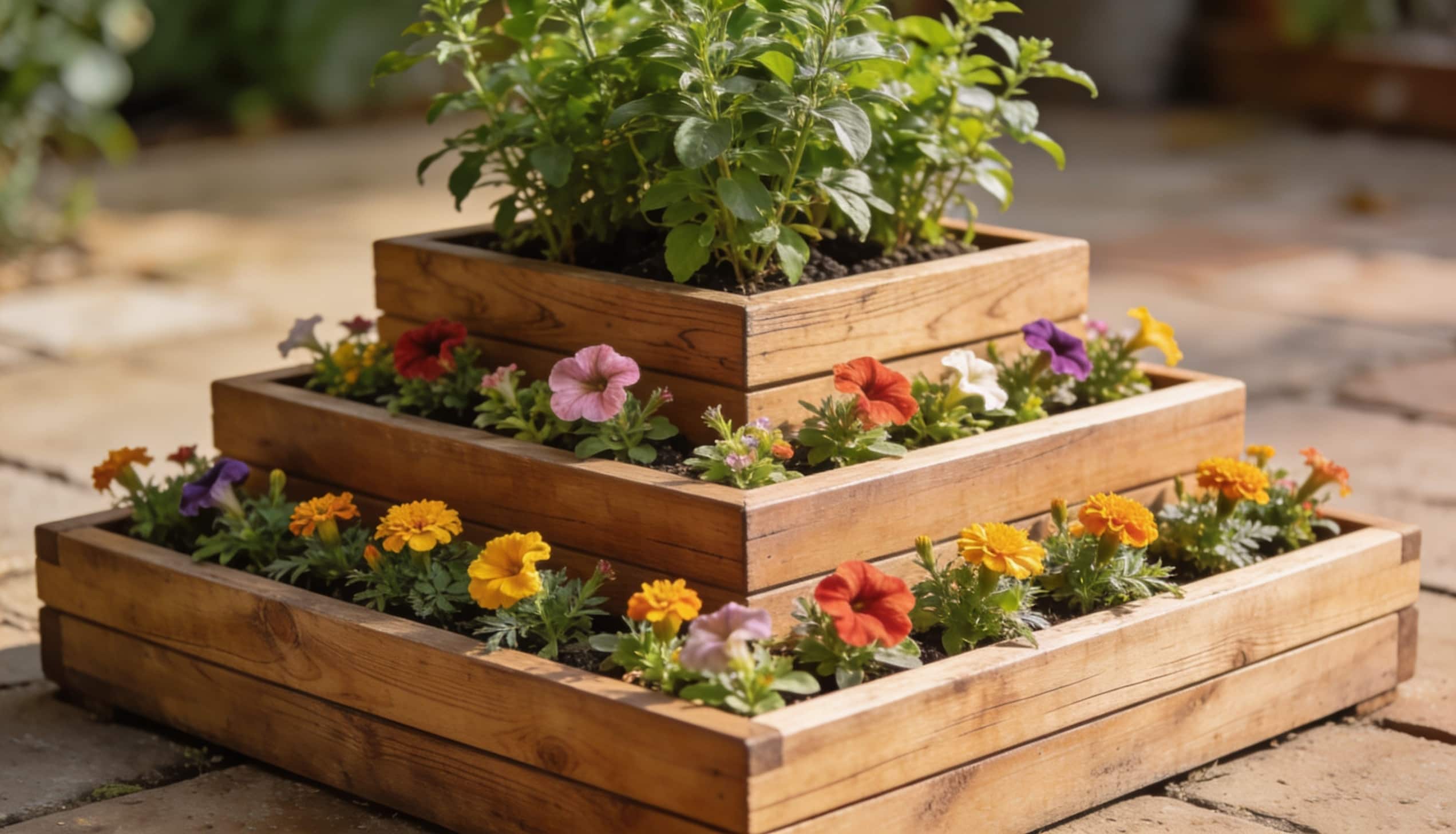 A wooden planter filled with vibrant flowers, showcasing a variety of colors and textures