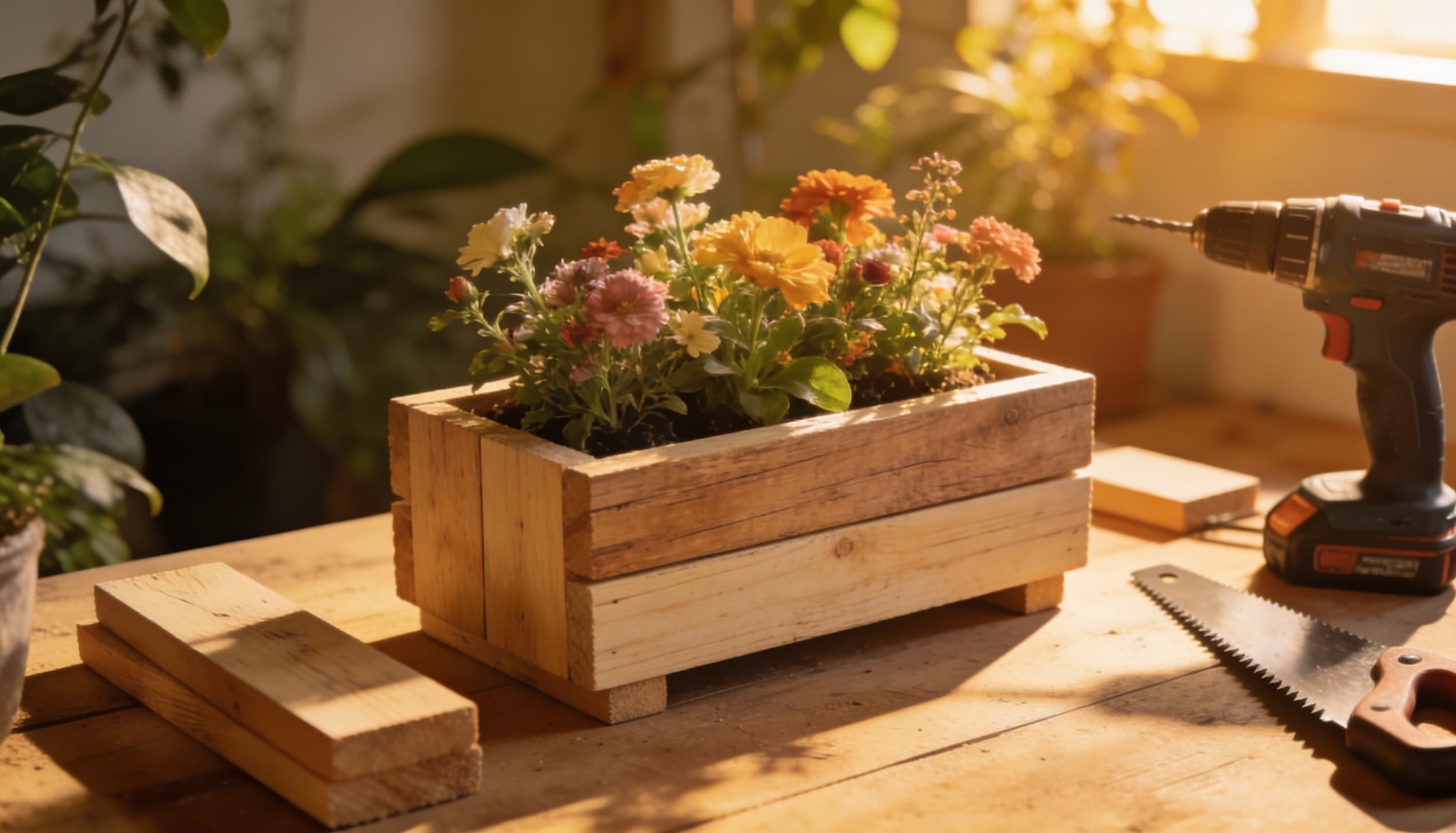 A wooden planter with blooming flowers next to a cordless drill on a table.