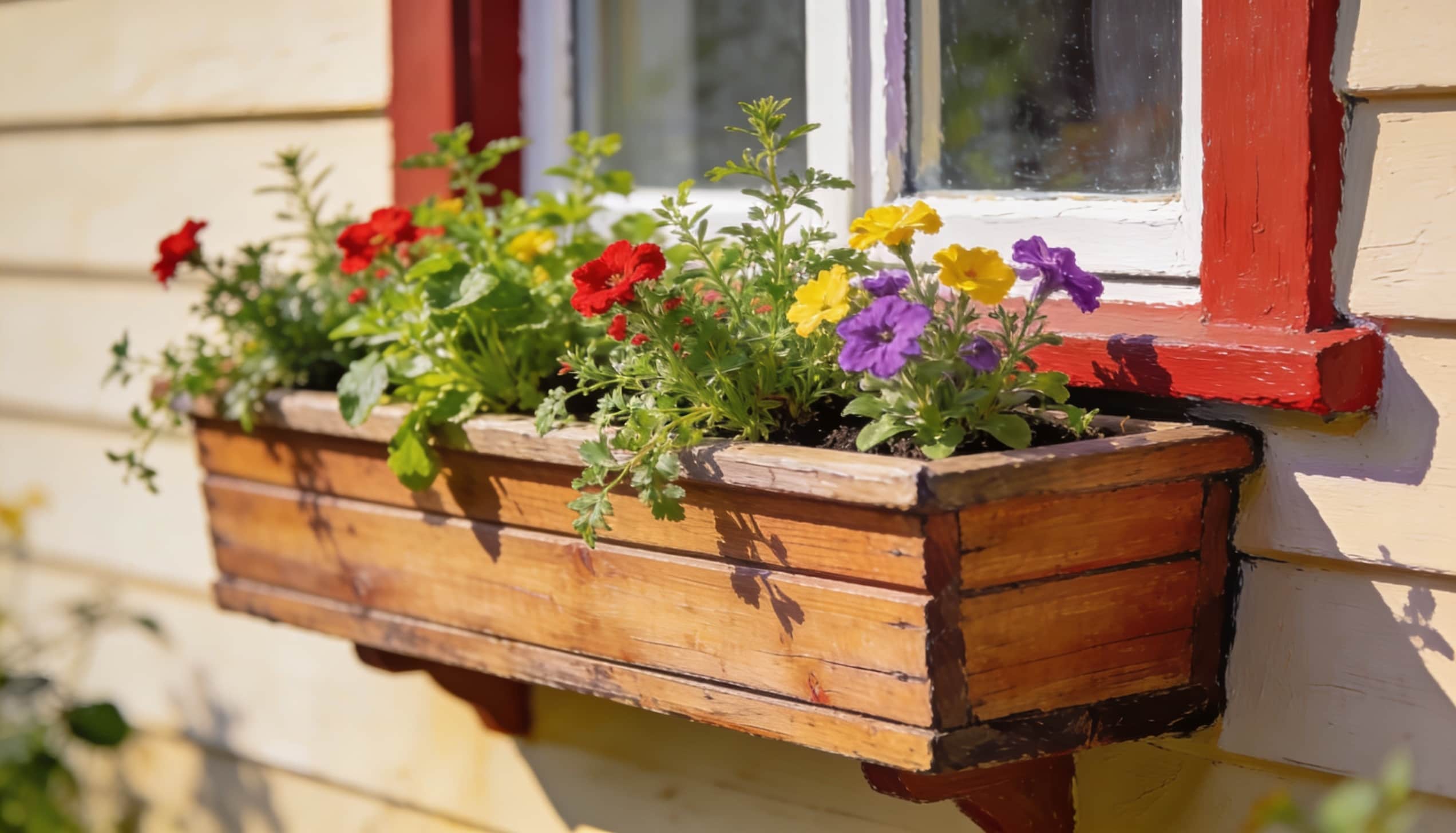 A wooden window box filled with vibrant, colorful flowers in full bloom
