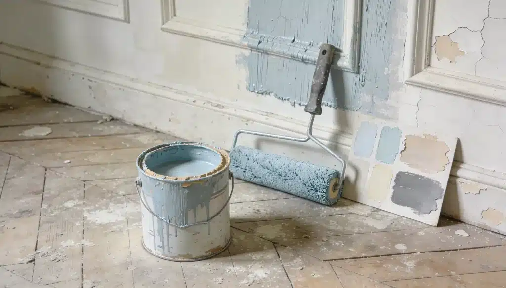 An old can of light blue paint, a roller, and paint swatches rest on a dusty wooden floor.