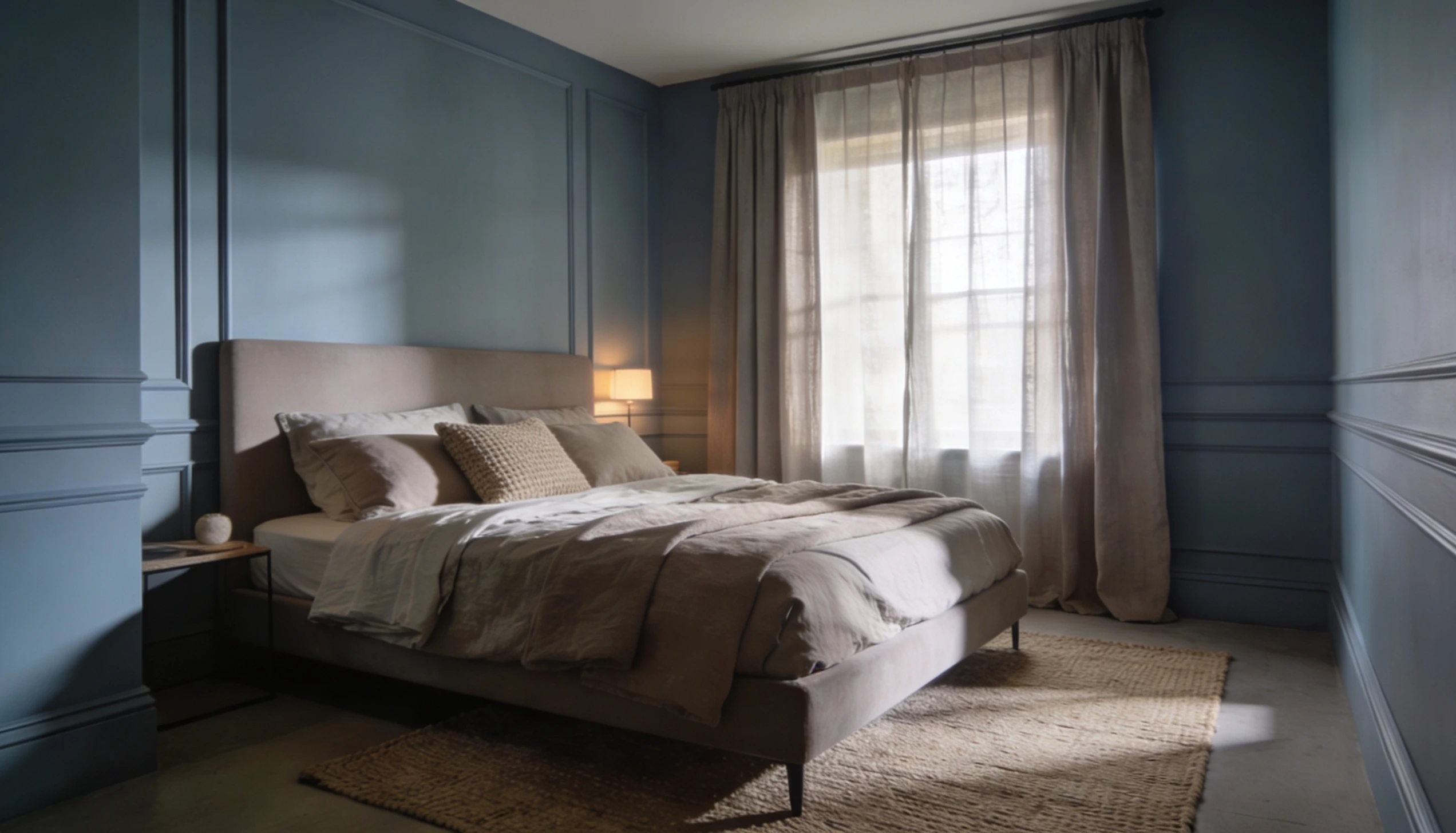Bedroom featuring a low profile beige bed against dark blue paneled walls with natural light filtering through sheer curtains.