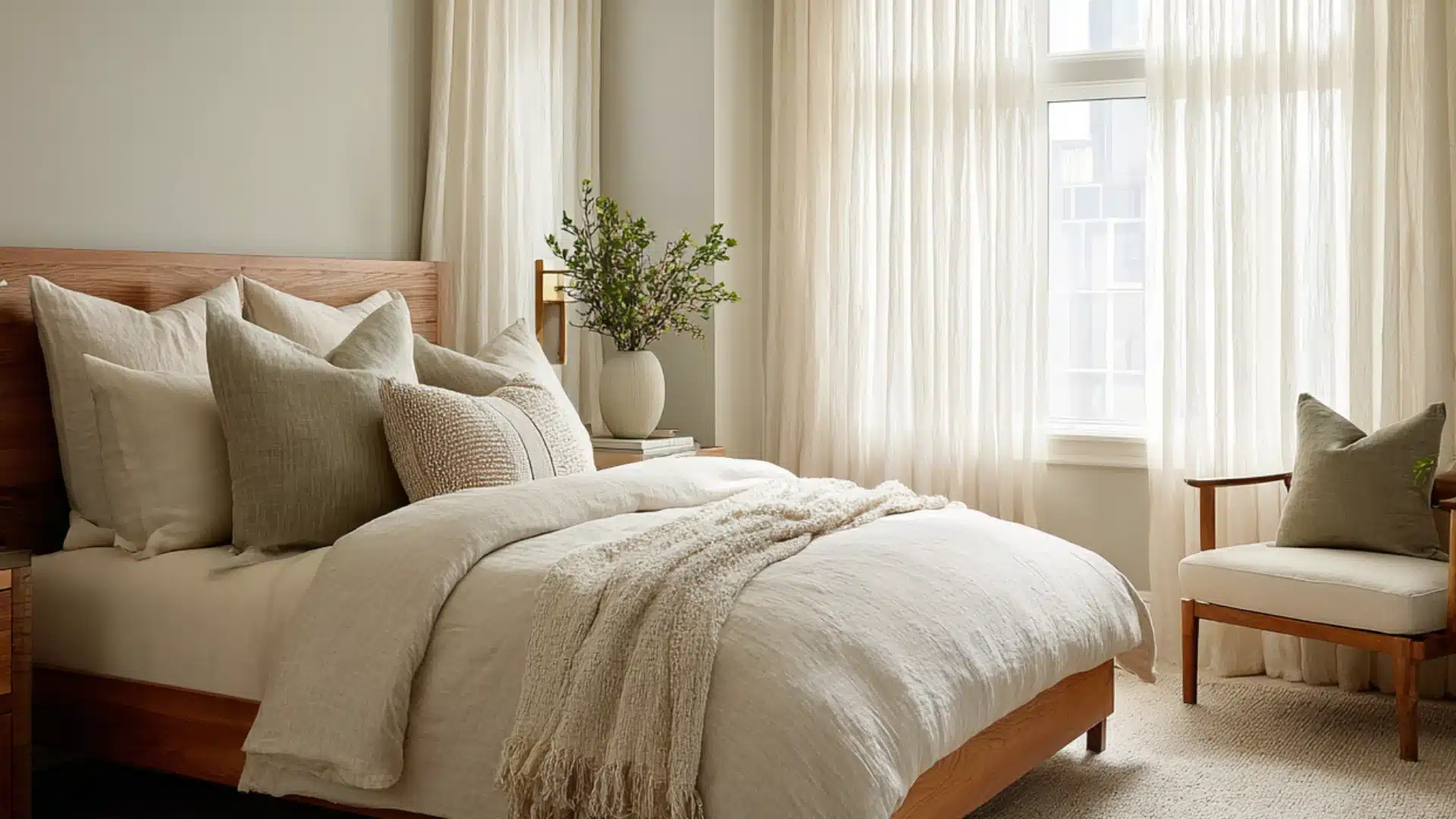bedroom with a wood frame bed soft linens and a green pillow near a sunny window and art for cozy design (3)
