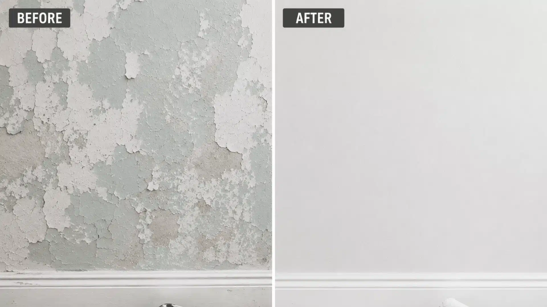 Before and after view of a damaged lead paint wall transformed into a smooth freshly painted surface