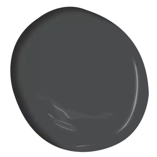 Dark graphite gray paint sample with a smooth glossy finish and subtle light reflections around the edges.