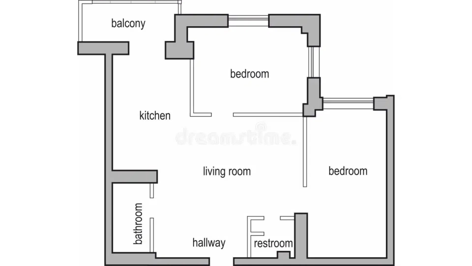 Black and white floor plan layout showing a kitchen, living room, two bedrooms, a bathroom, a restroom, a hallway, and a balcony