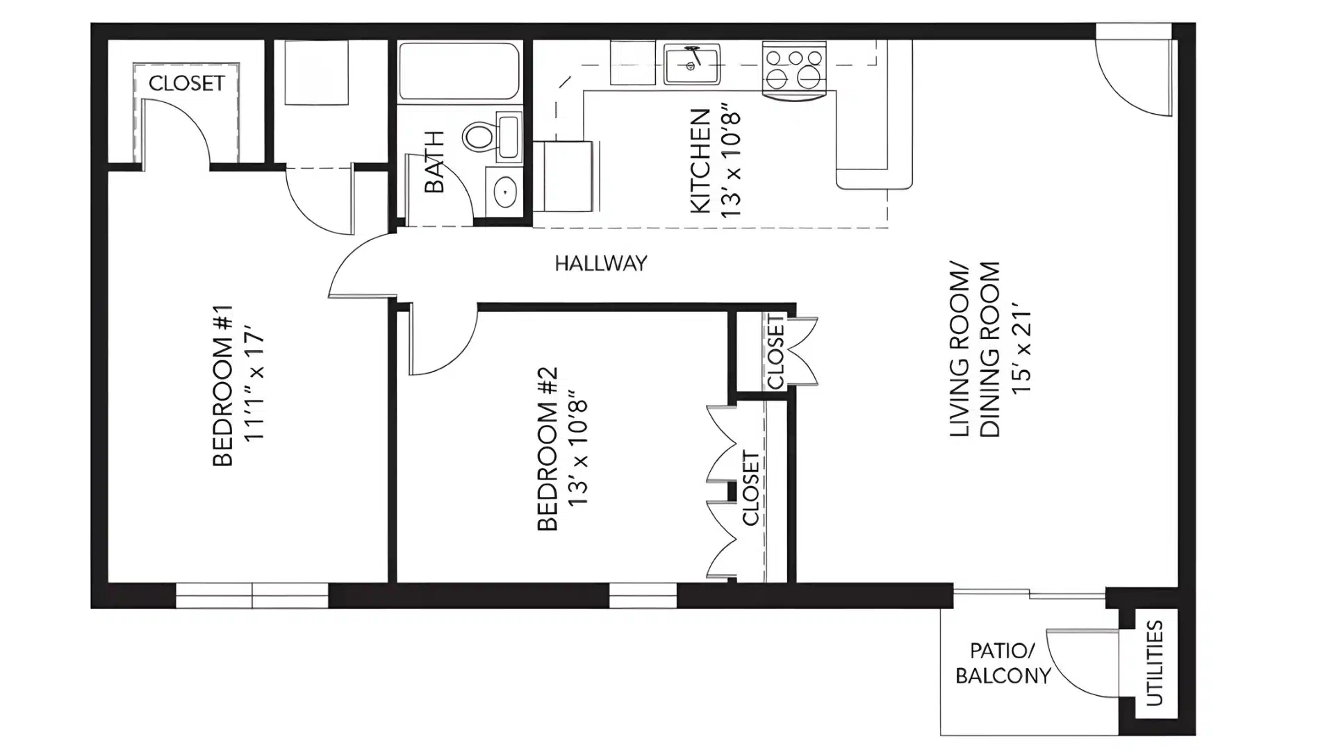 Black and white floor plan of a two-bedroom apartment showing dimensions for the bedrooms, kitchen, living:dining room, bath, hallway, and an exterior patio:balcony