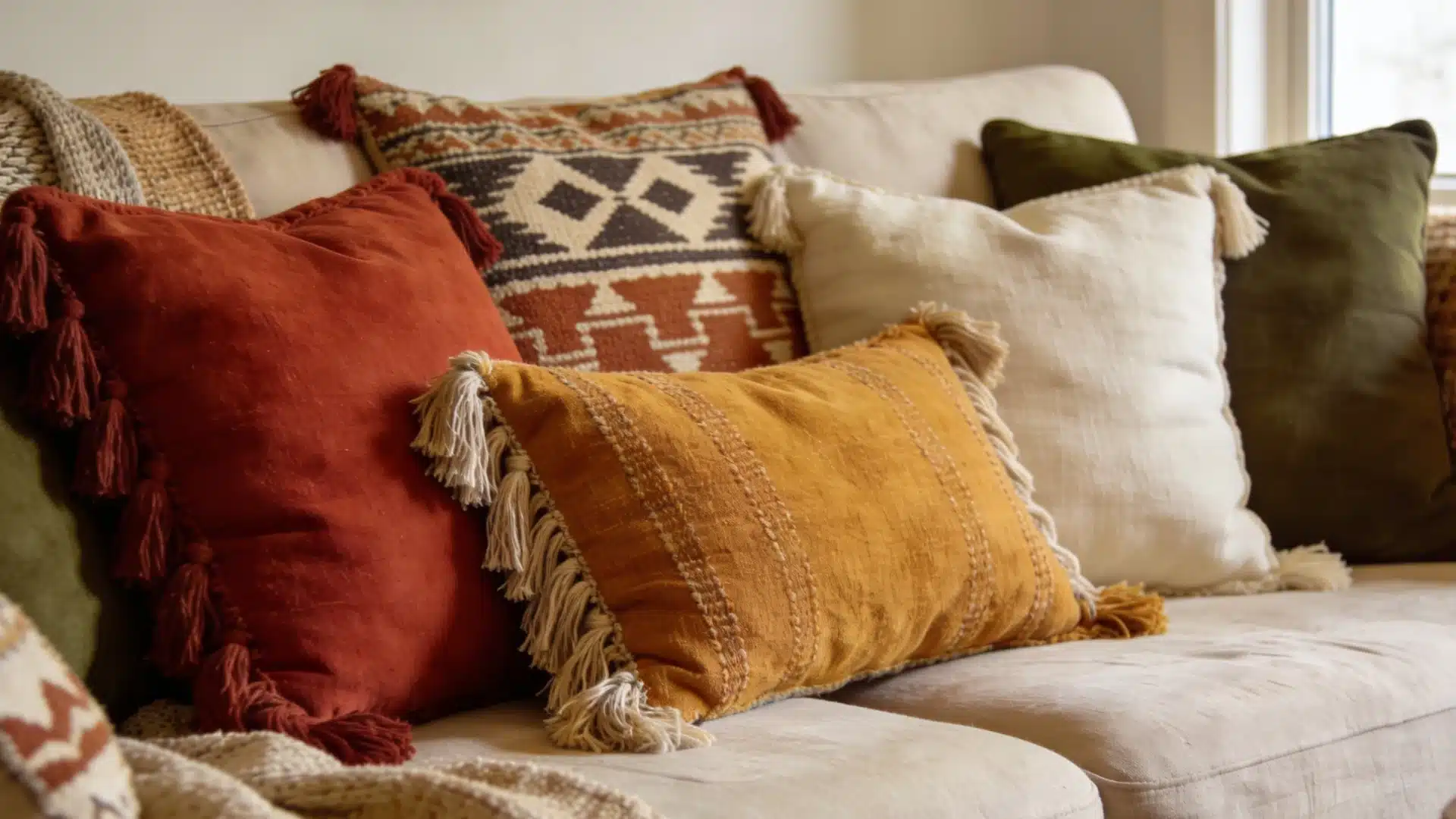 A collection of textured throw pillows in rust, mustard yellow, cream, and olive green colors