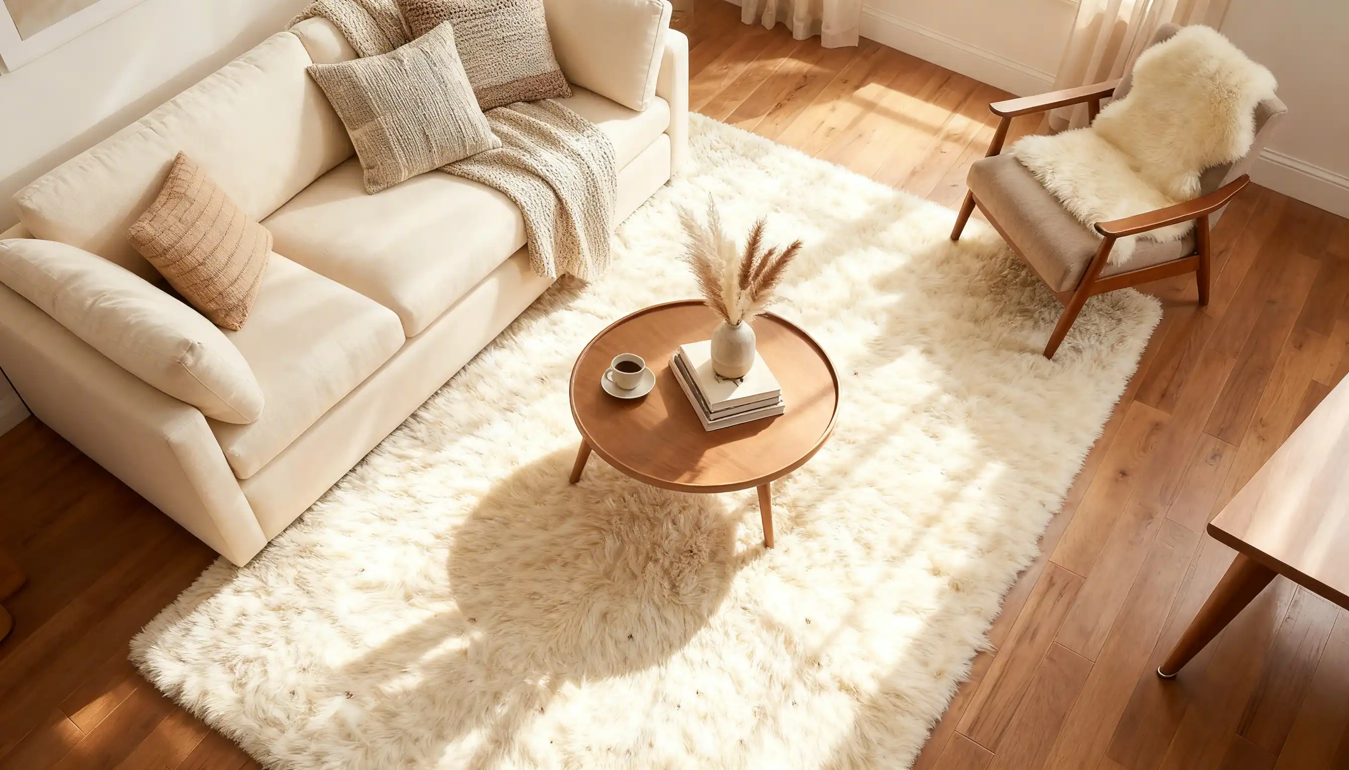 Bright, cozy living room featuring a cream sofa, round wooden coffee table with decor, a mid century chair with a sheepskin throw, and a plush white shag rug on hardwood floors.