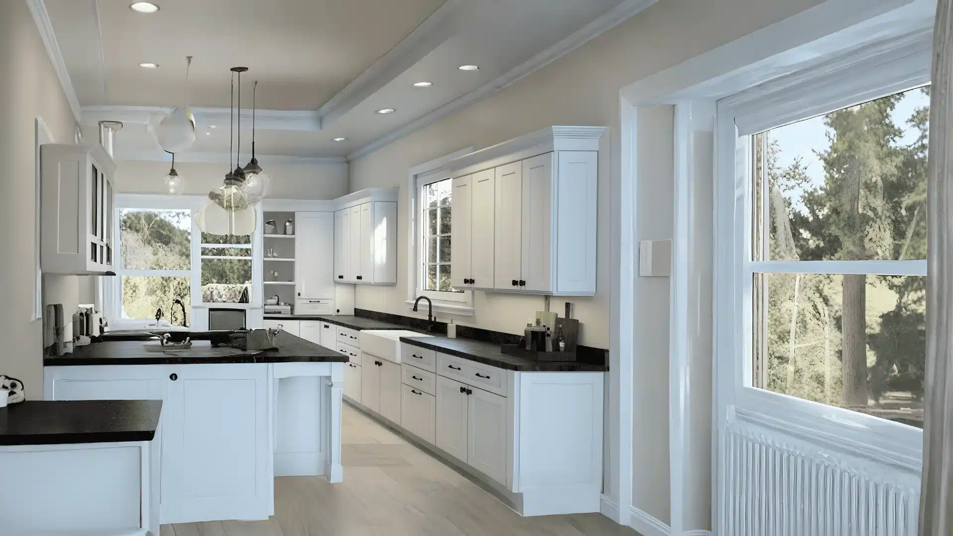 Bright kitchen with white city loft shade cabinets, black counters, large windows, and soft neutral walls in daylight