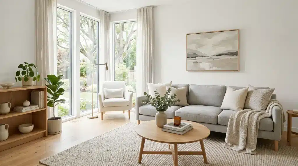 Bright, minimalist living room painted in origami white sherwin williams featuring a light grey sofa, natural wood furniture, large windows overlooking a garden, and neutral decor