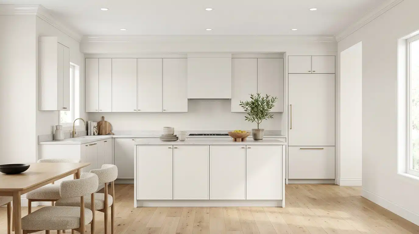 Bright, modern white kitchen featuring light wood floors, a central island, integrated appliances, and a small dining area with upholstered chairs