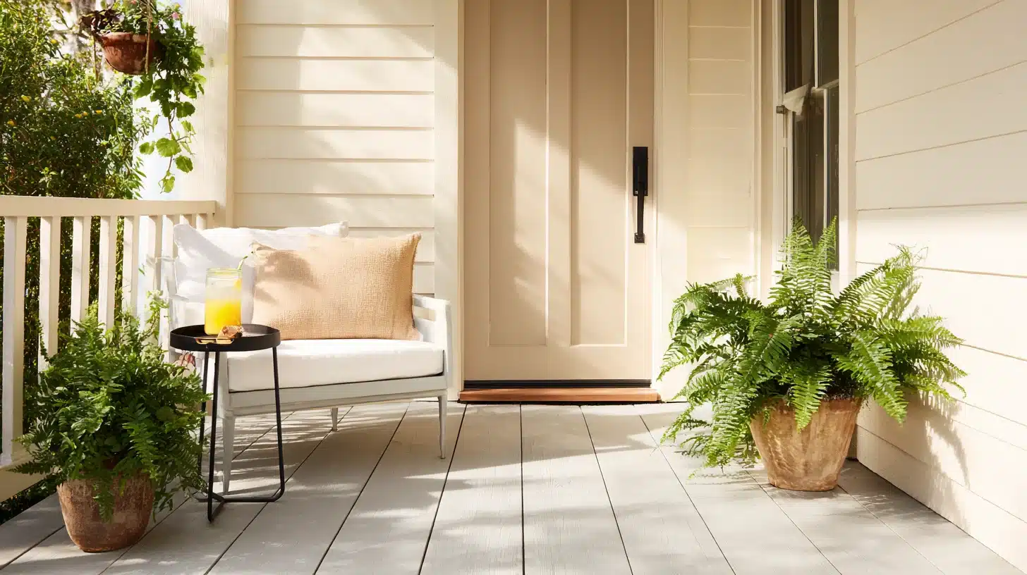 Brightly lit front porch with light gray decking, a cream colored door, white seating, and large potted ferns flanking the entry.