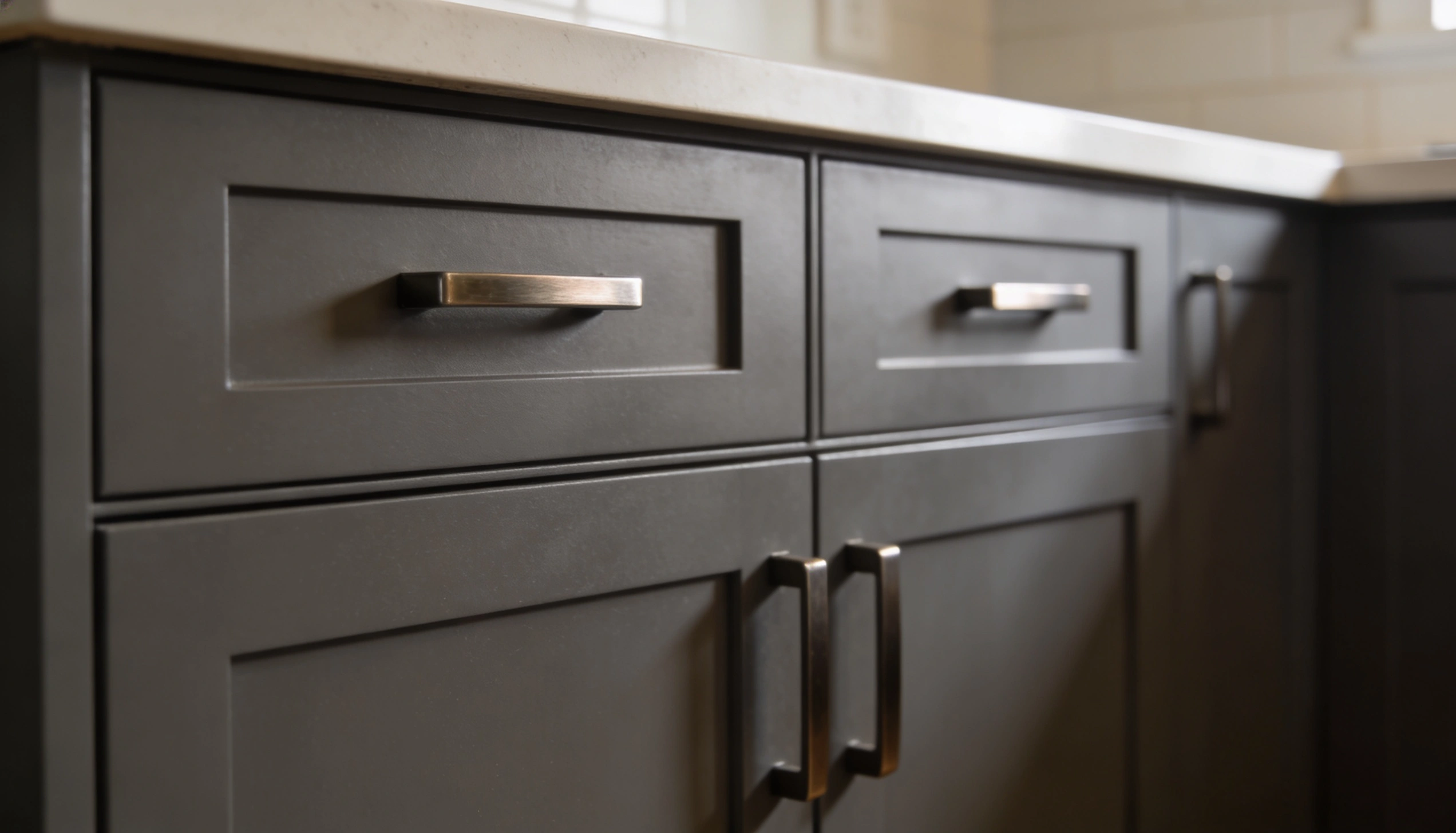 Charcoal grey kitchen cabinets with matte finish and sleek metal handles, showing modern home interiors and cabinet design