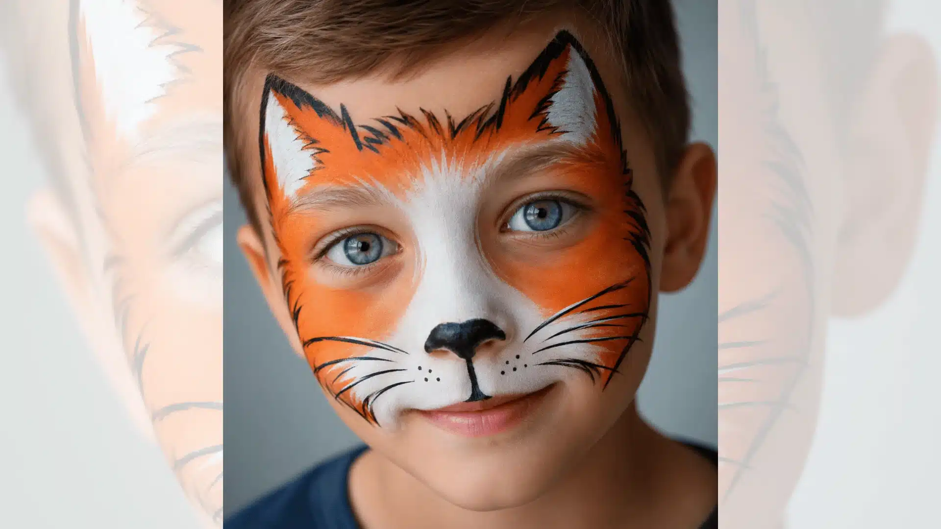 Child with a fox face paint design made of acrylic paint and bright blue eyes in close-up portrait