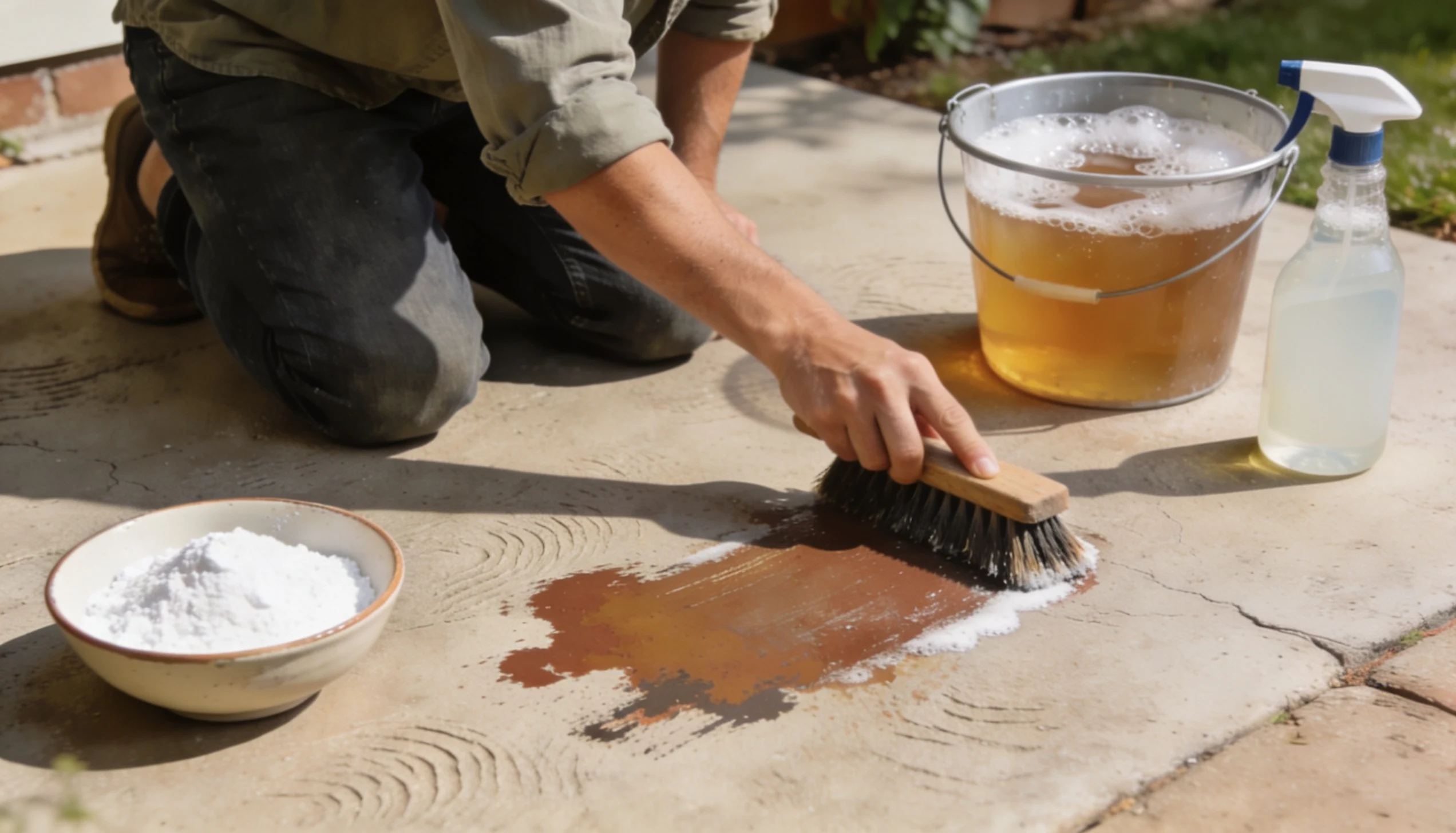Cleaning paint stains from concrete with vinegar and household items
