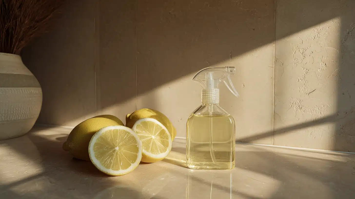 Clear glass spray bottle of lemon scented cleaner sits next to whole and halved fresh lemons on a sunlit beige countertop.