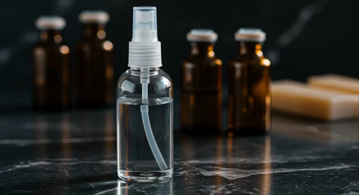 Clear plastic spray bottle filled with clear liquid sits on a dark marble surface with blurred amber glass vials and soap bars in the background.