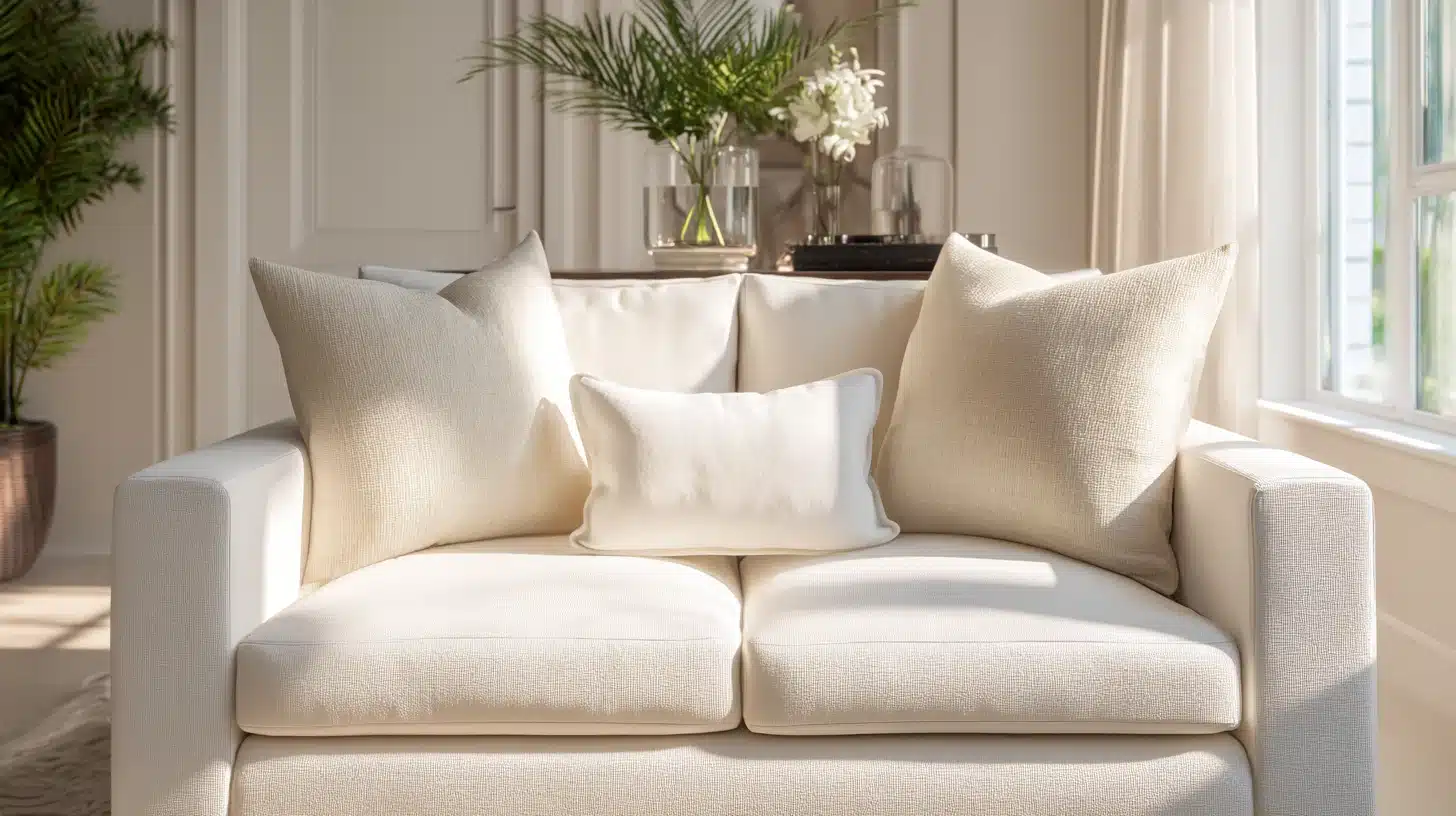 Close up of a bright, cream colored sofa adorned with three textured throw pillows in a sunlit living room featuring greenery in the background.