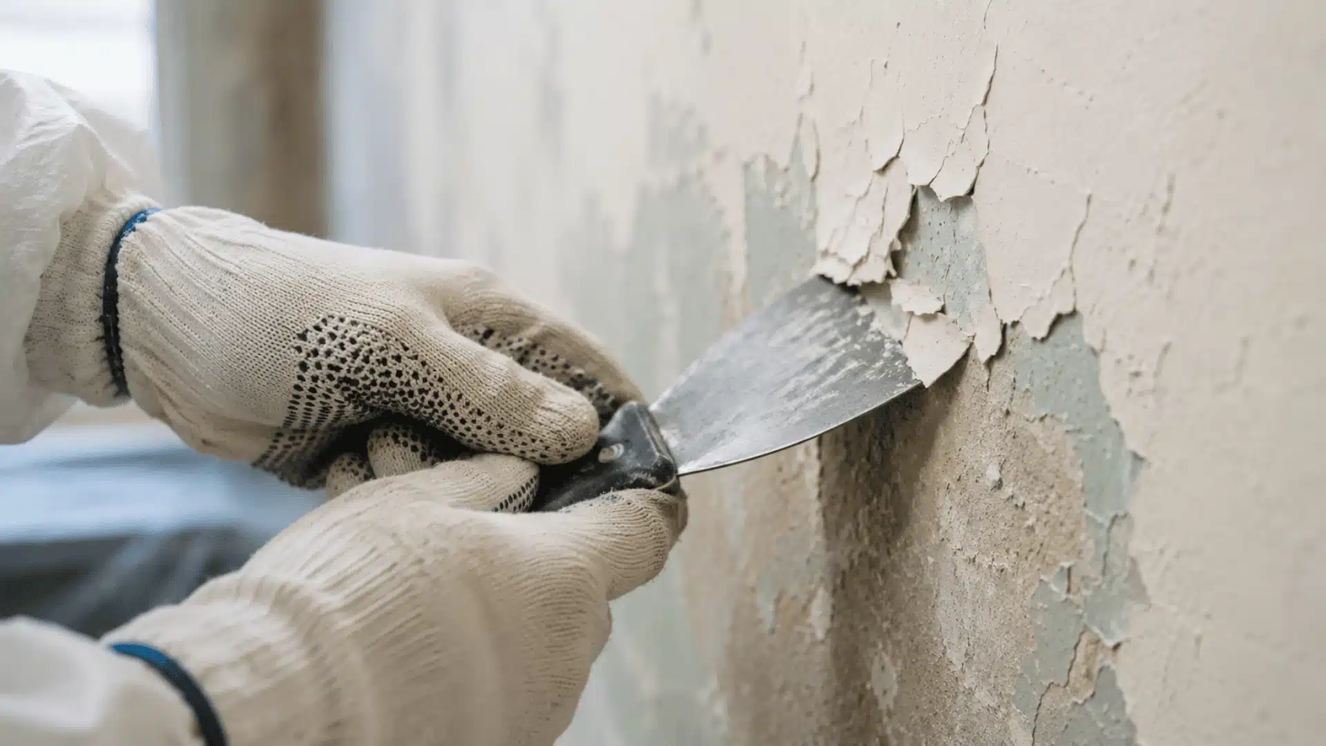 Close up of gloved hands scraping peeling lead paint from an old textured wall safely