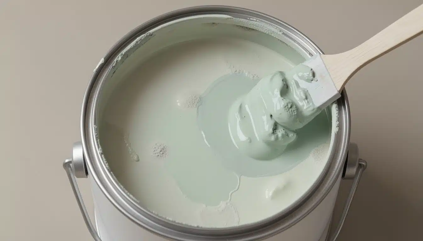 Close up overhead view of mixing light sage green paint in a metal paint can with a wooden stir stick.