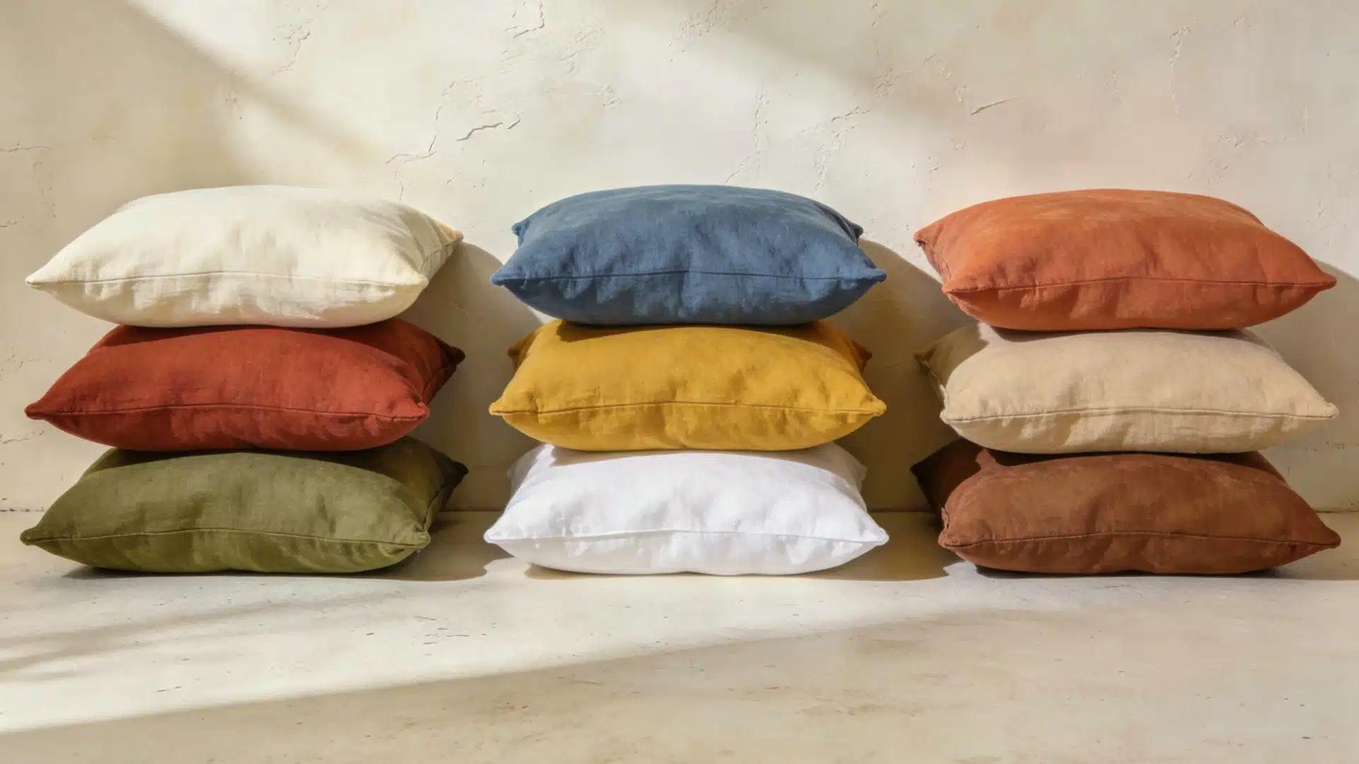 Three stacks of square linen throw pillows in cream, rust, olive, mustard, blue, white, teracotta, sand, and brown