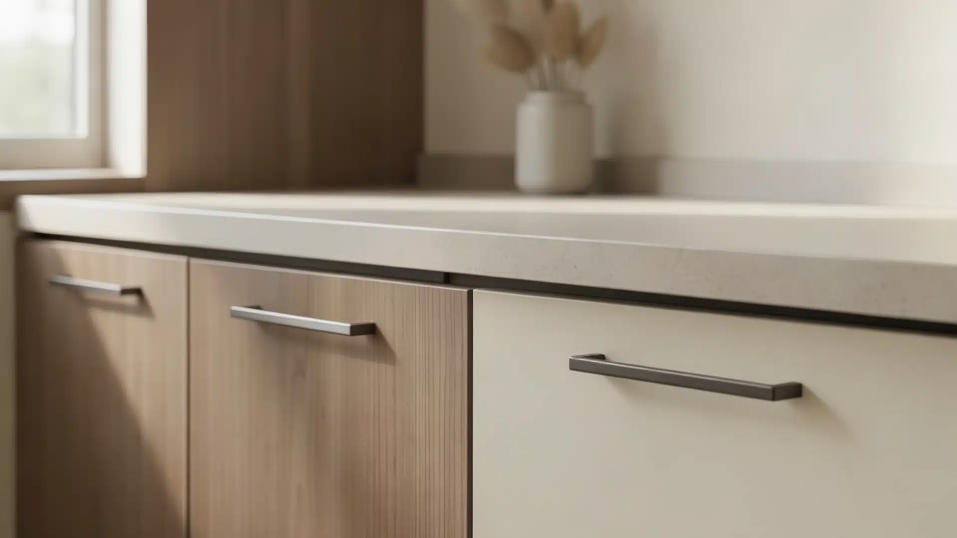 Close up of modern kitchen cabinets featuring light wood grain and cream colored doors with dark modern handles