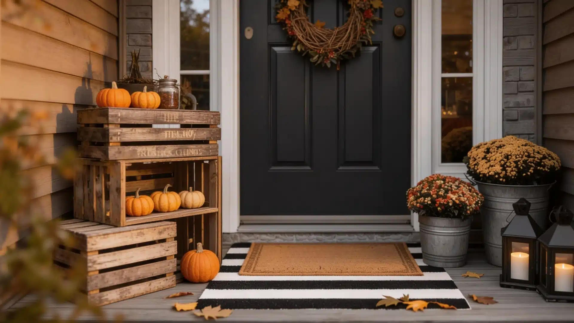 Cozy fall porch with pumpkins on wooden crates, and a black door with a wreath. Lit lanterns and chrysanthemums add warmth.