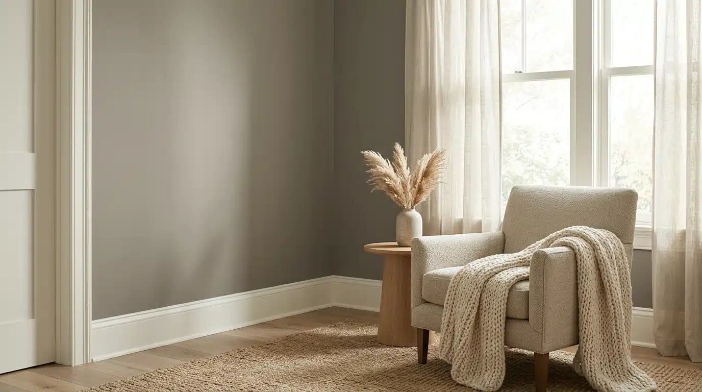 Cozy reading nook corner featuring a beige armchair with a knitted throw, a small wooden side table with pampas grass in a vase, set against warm gray walls and bright natural light from a window