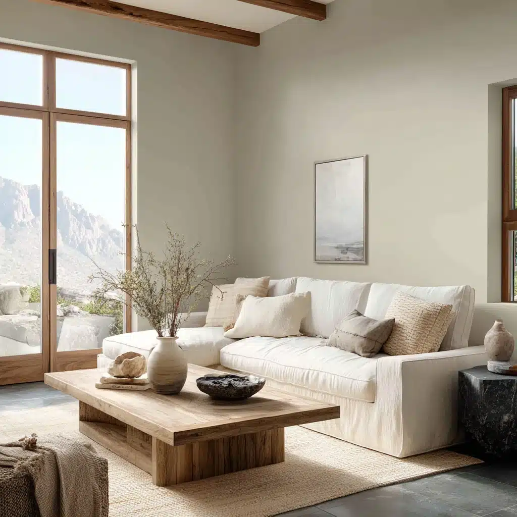 Cream white sofa on a jute rug with a wood coffee table and mountain views through tall glass doors in a home inthe room (1)