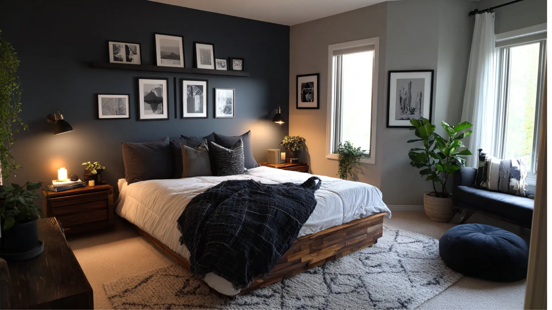 Dark blue bedroom with a wood platform bed gallery wall and indoor plants on a patterned rug for a moody feel in the room (1)