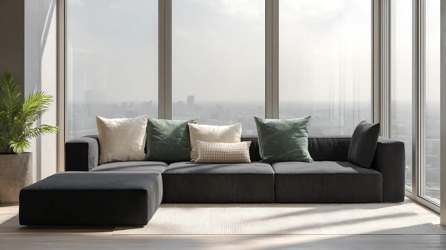 Dark gray modular sofa with light green and cream pillows situated in front of tall windows overlooking a hazy cityscape.