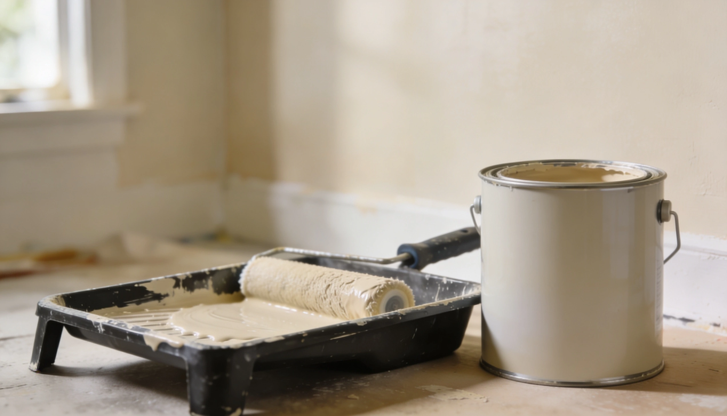 A paint roller rests in a tray filled with beige paint next to an open paint can on a drop cloth