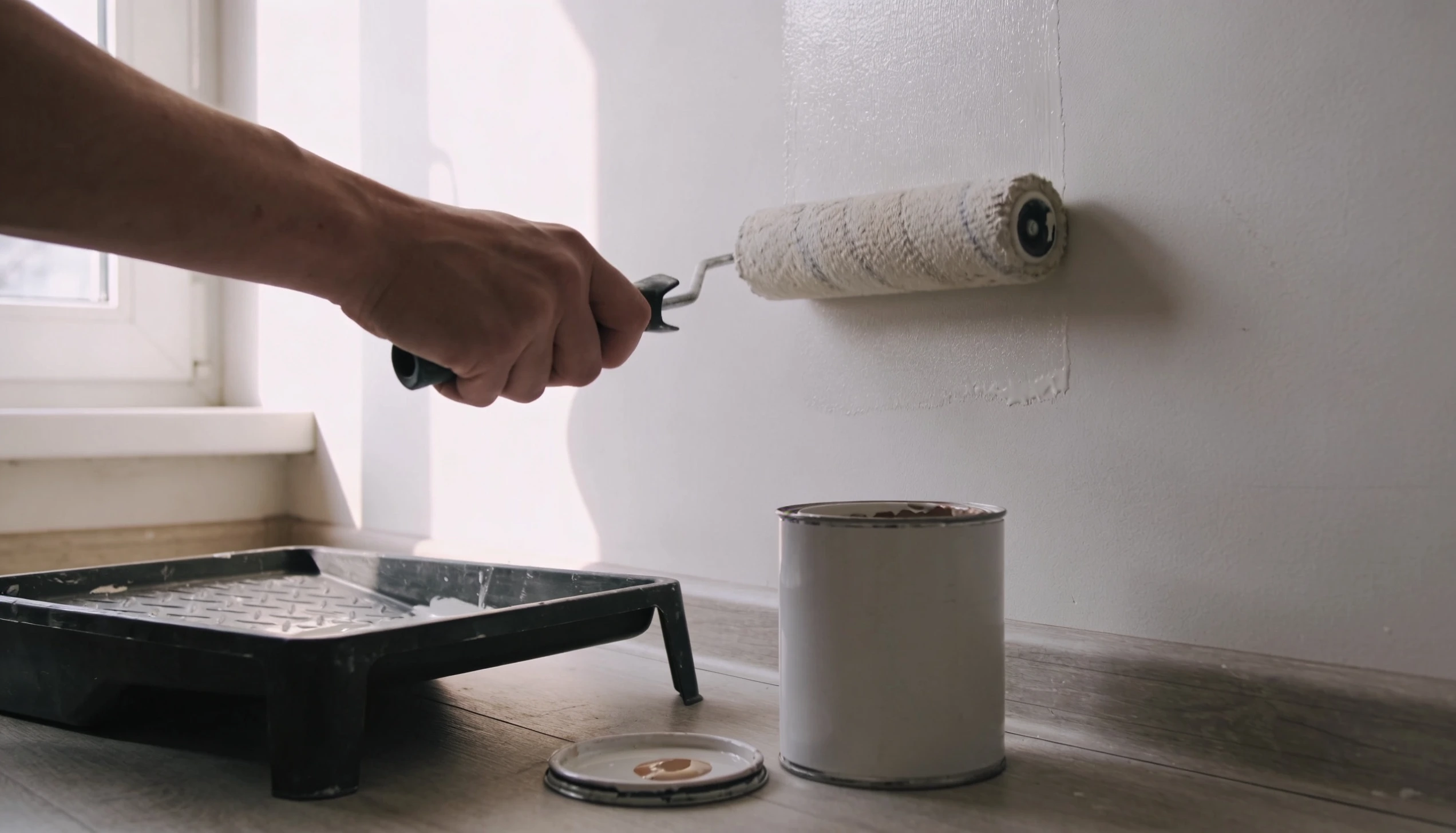 A hand uses a paint roller to apply white paint on a wall Nearby a paint can and tray on a wooden floor suggest a DIY home improvement project.