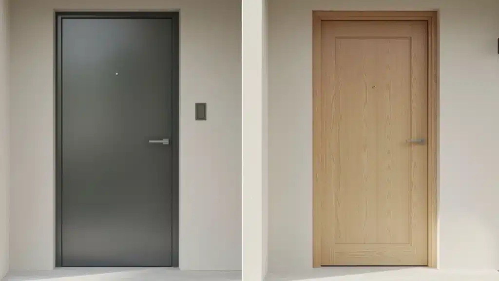 Fiberglass vs steel door, the left is a sleek gray metal door, and the right is a warm wooden door.