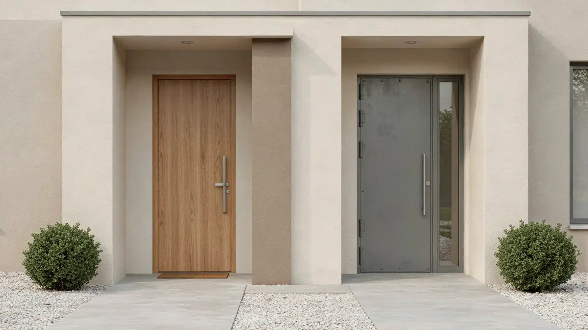 Modern exterior showing two recessed doorways, one with a wood grain fiberglass door and the other steel door