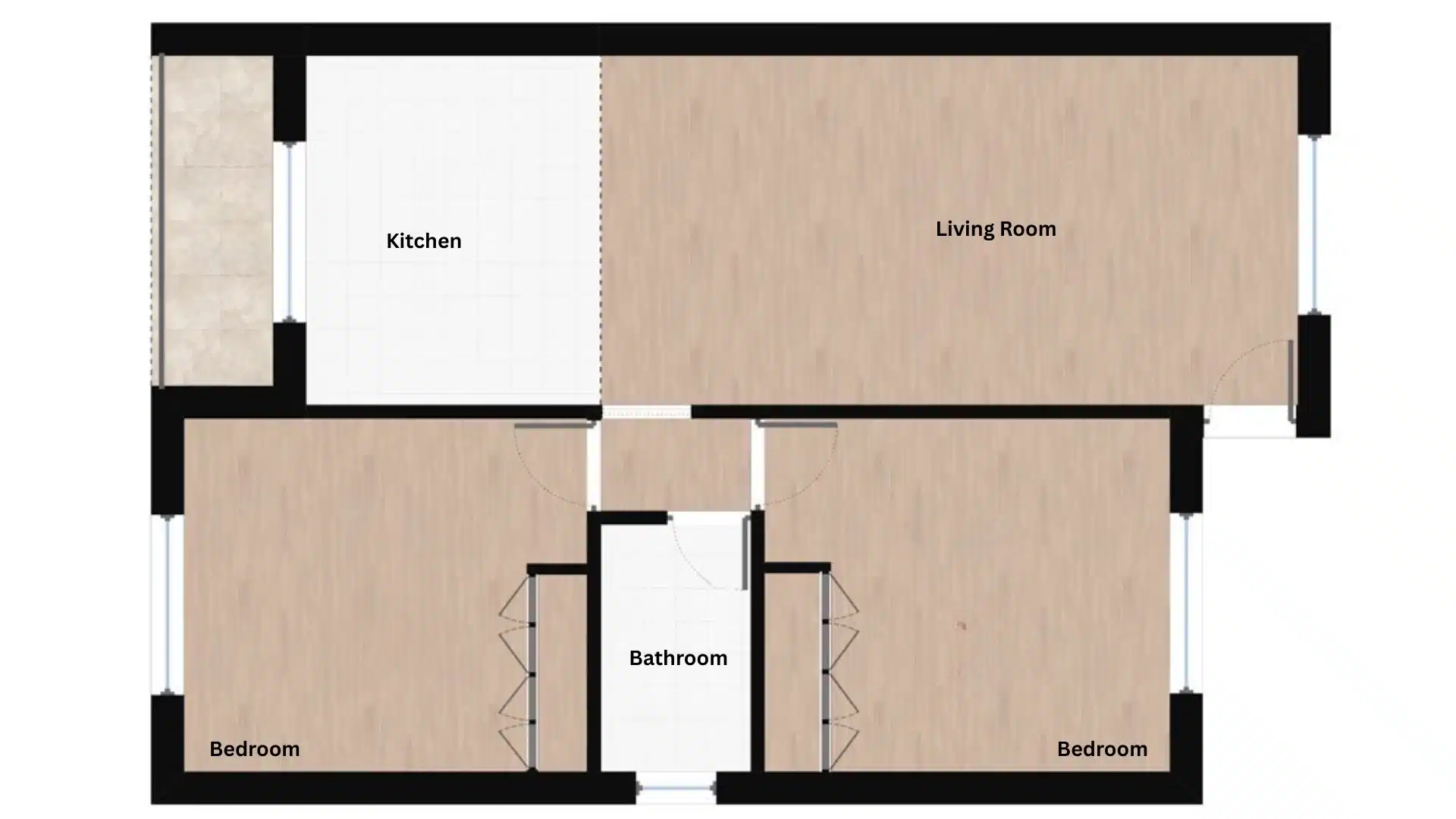 Floor plan graphic illustrating a rectangular layout featuring a labeled kitchen, living room, central bathroom, and two adjacent bedrooms
