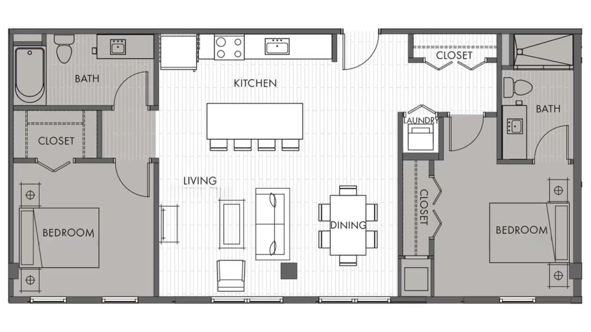 Floor plan layout showing two bedrooms, two bathrooms, a kitchen, living area, dining area, and laundry closet in a rectangular apartment design