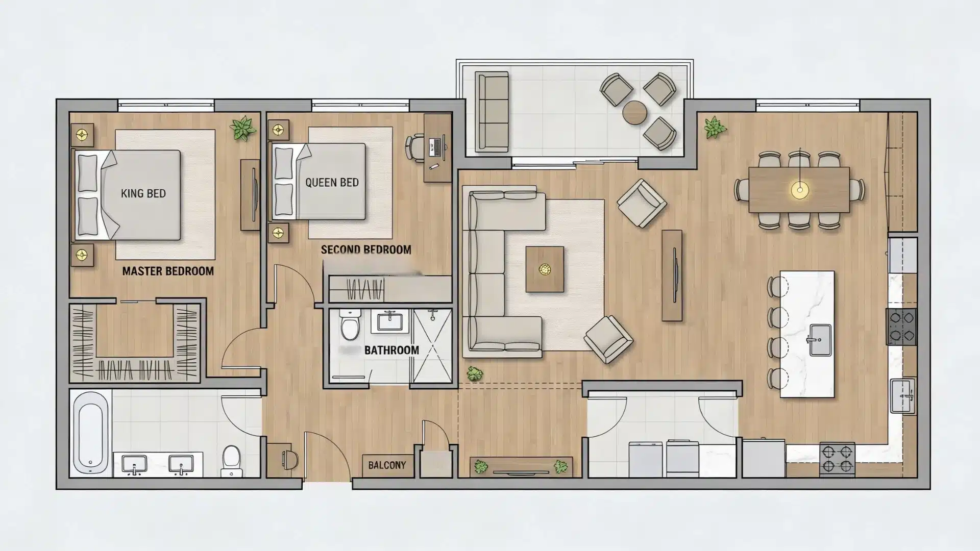Floor plan showcasing a two-bedroom, two-bathroom apartment layout with an open living area, dining space, kitchen, and multiple balconies