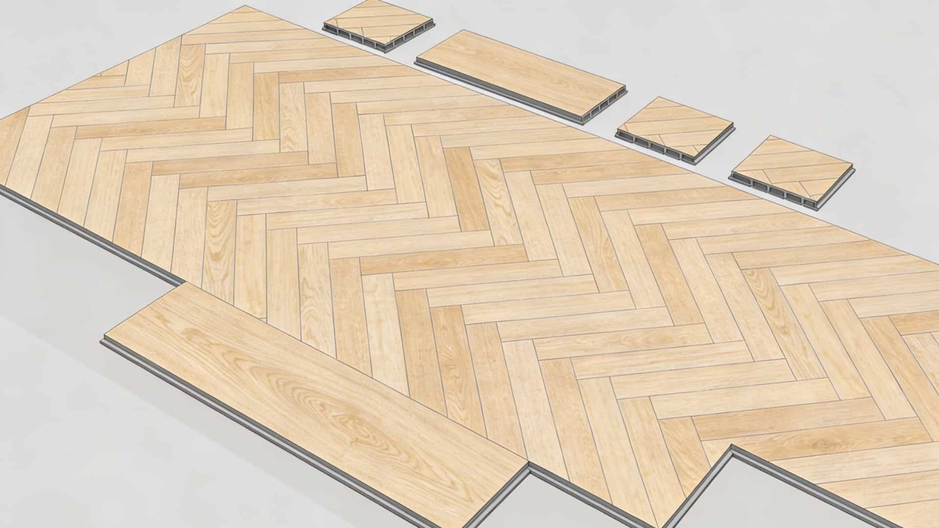 Flooring displays various wood types arranged in a staggered layout, showcasing their unique colors and textures (2)