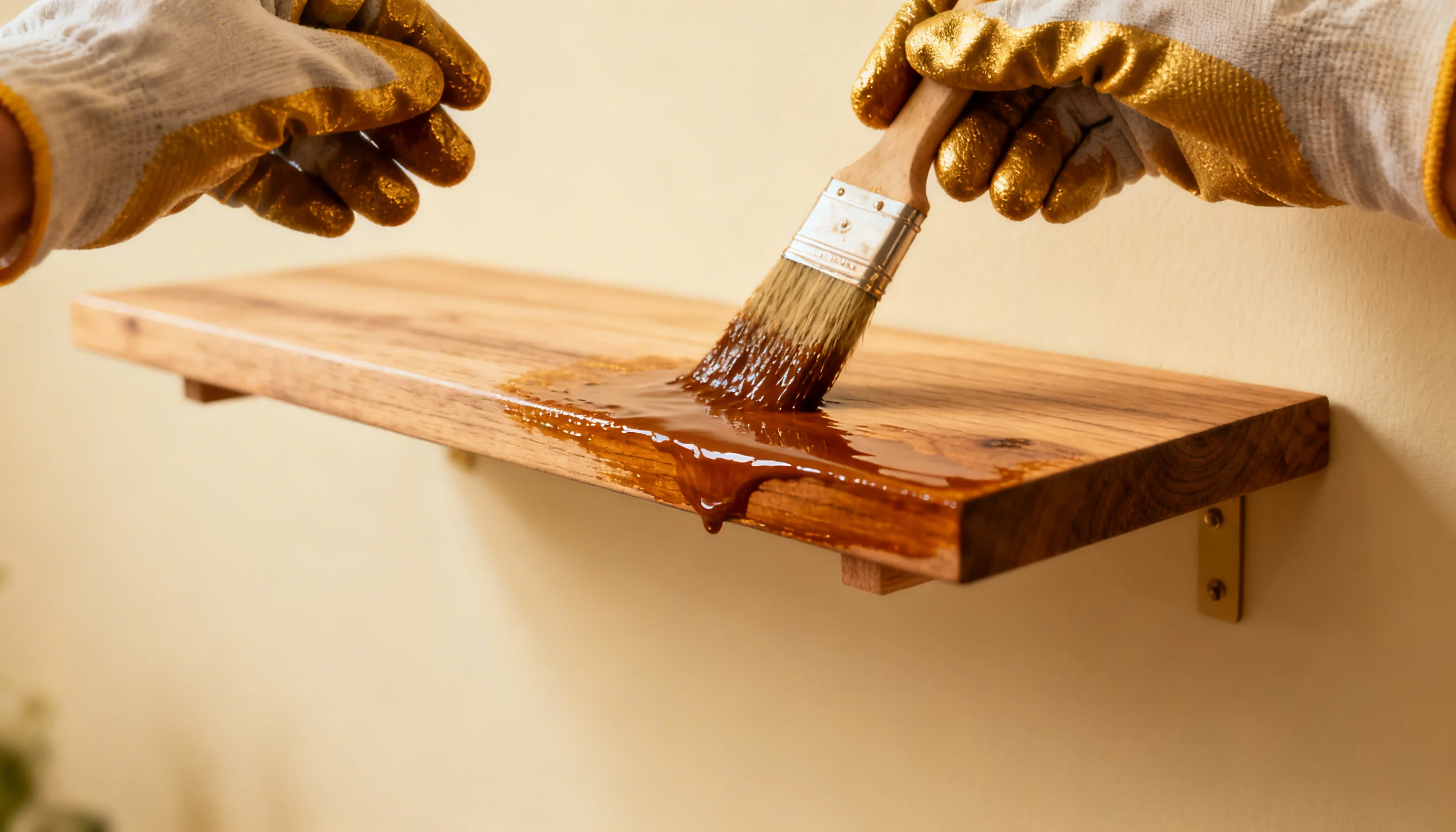 Gloved hands apply dark wood stain or varnish to a solid wooden shelf mounted against a beige wall with a paintbrush.
