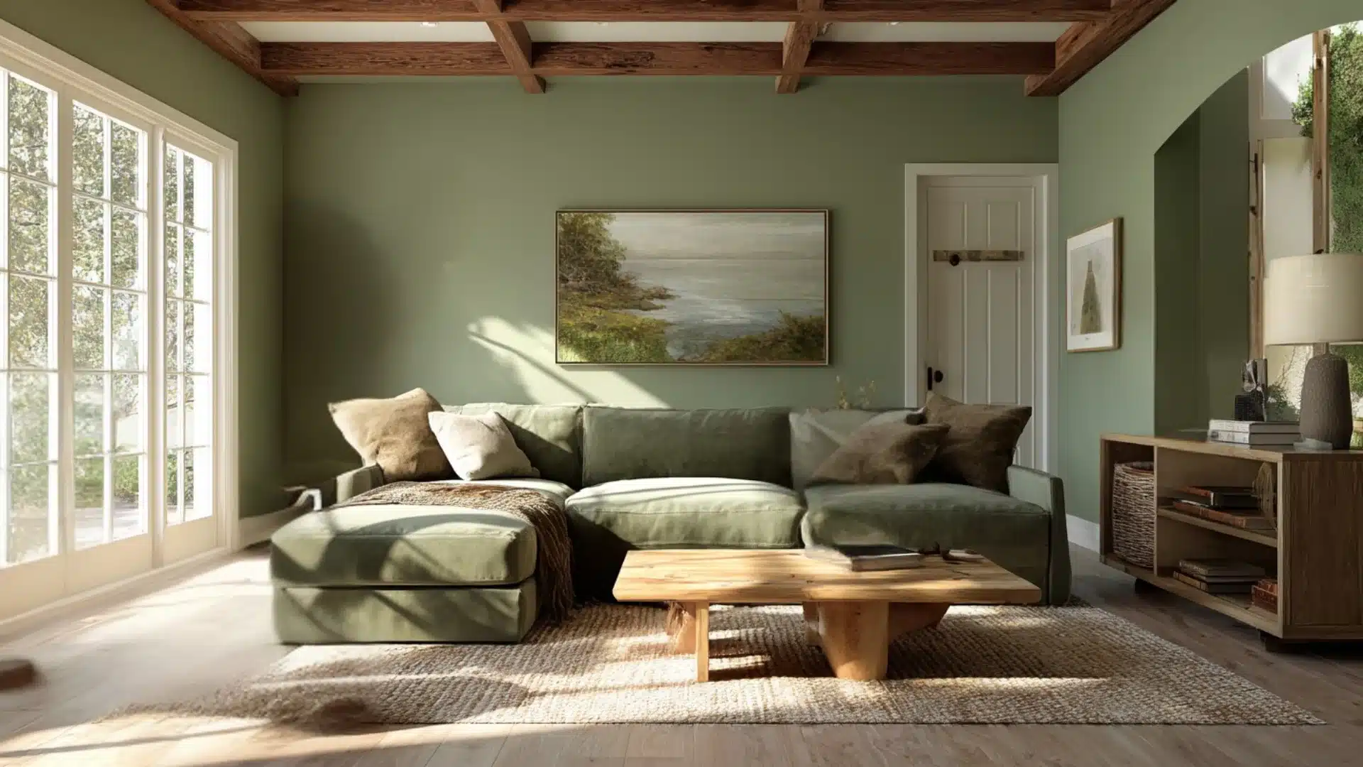 Green living room with olive sofa wood coffee table and beam ceiling near large windows for a natural look inthe house