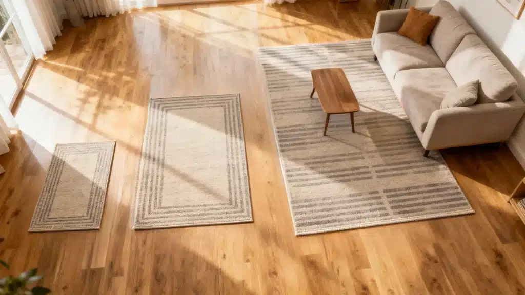 High angle view of a modern living room featuring light wood flooring, three beige common area rug sizes with gray patterns, a light gray sofa, and a small wooden coffee table.