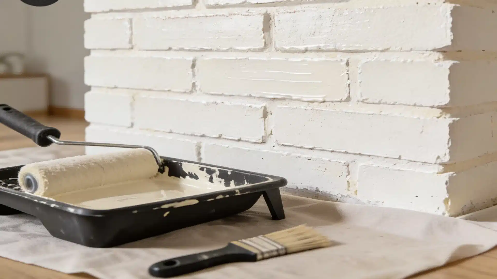 A paint roller dipped in white paint rests on a tray beside a white brick wall.