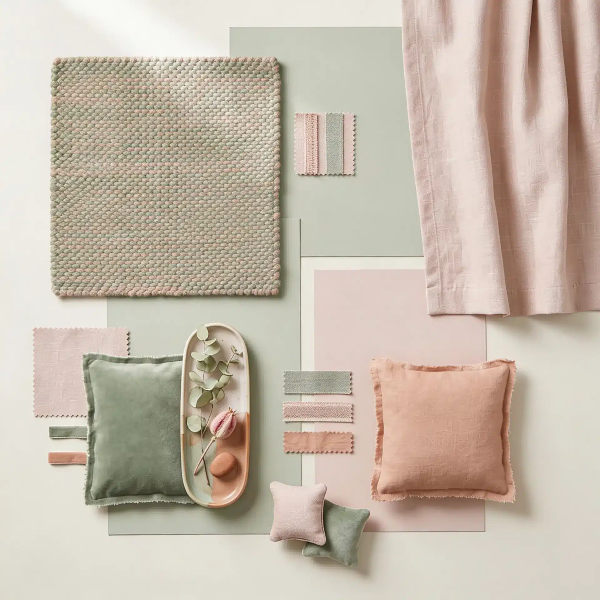 Interior design mood board featuring sage green and dusty rose textiles, including a woven rug, velvet pillows, linen fabric swatches, and a curtain sample