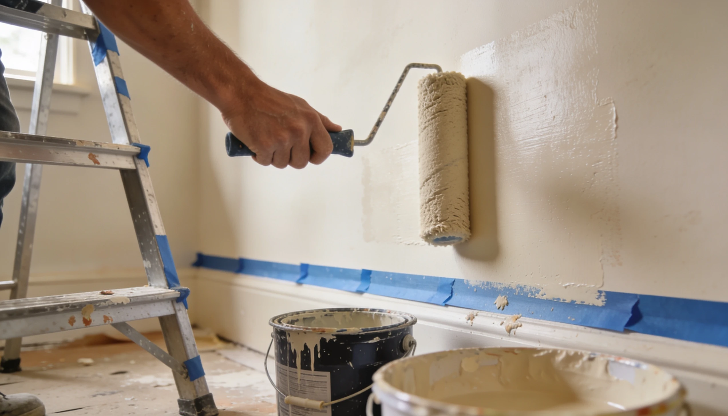 Interior painting work in progress showing wall repairs paint application and tools that impact total painting cost