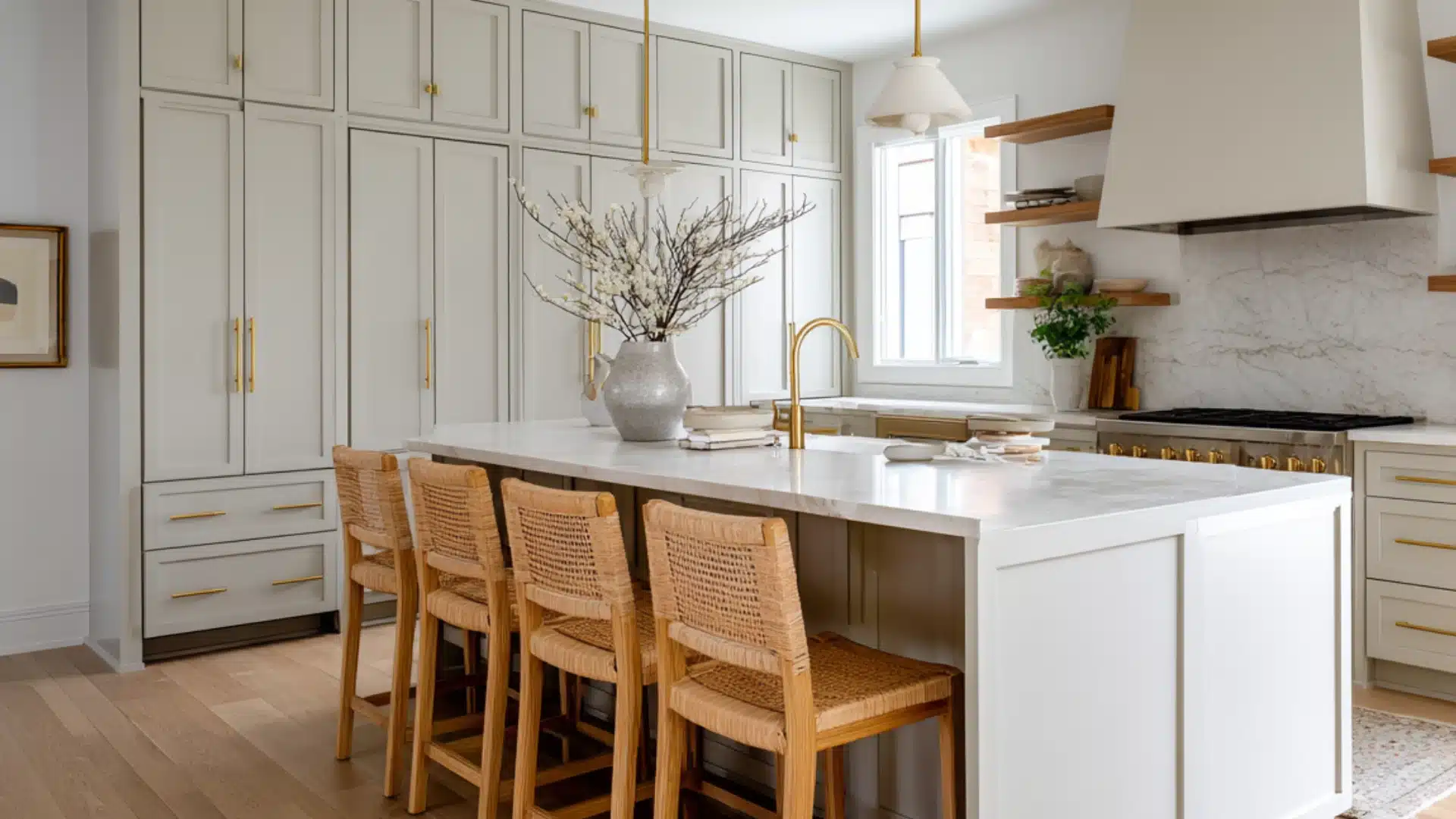 kitchen with a wood frame bed soft linens and a green pillow near a sunny window and art for cozy design