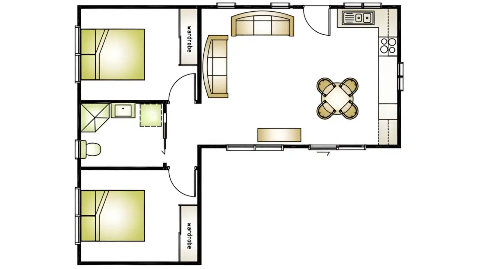 L-shaped floor plan illustration showing two bedrooms, one bathroom, a living area with couches, and a combined kitchen:dining area