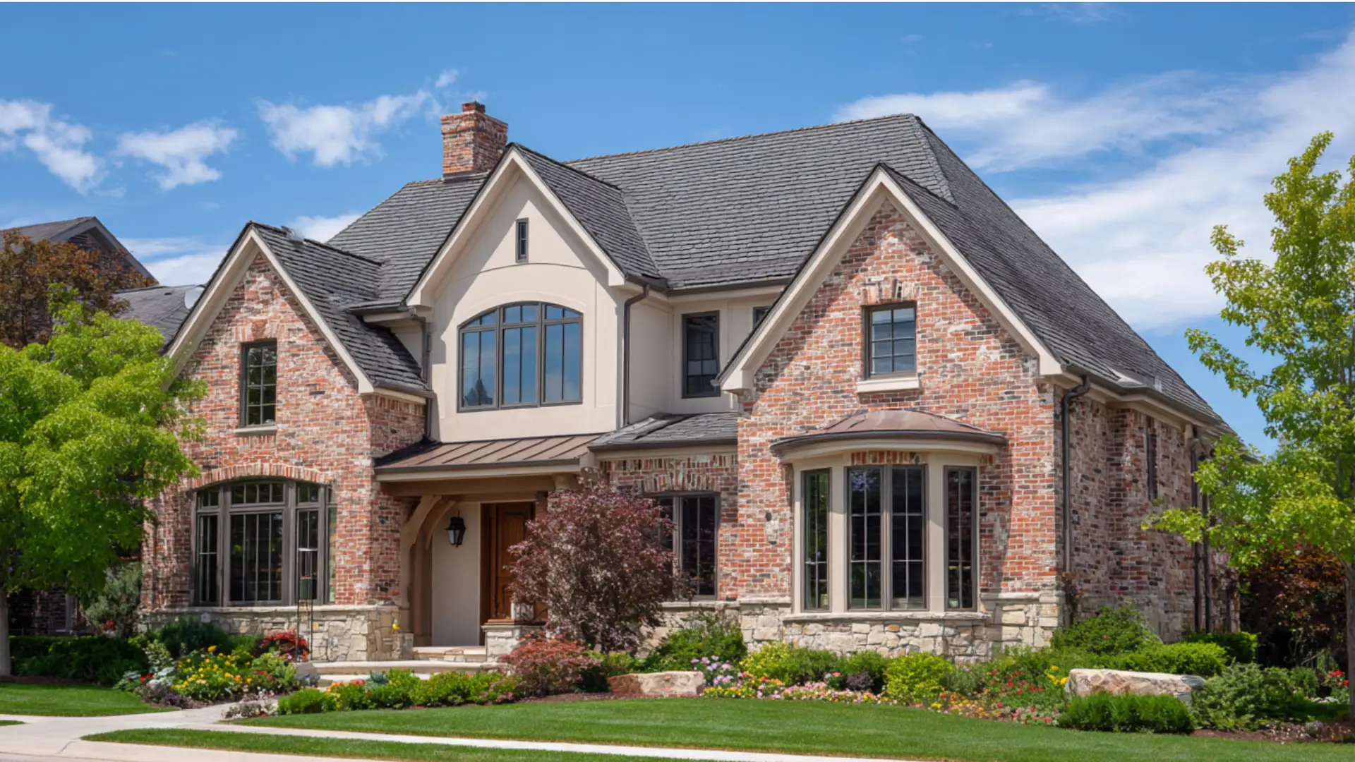 Large, traditional two story home featuring red brick, light stucco accents, dark grey roofing, and lush landscaping under a bright blue sky.